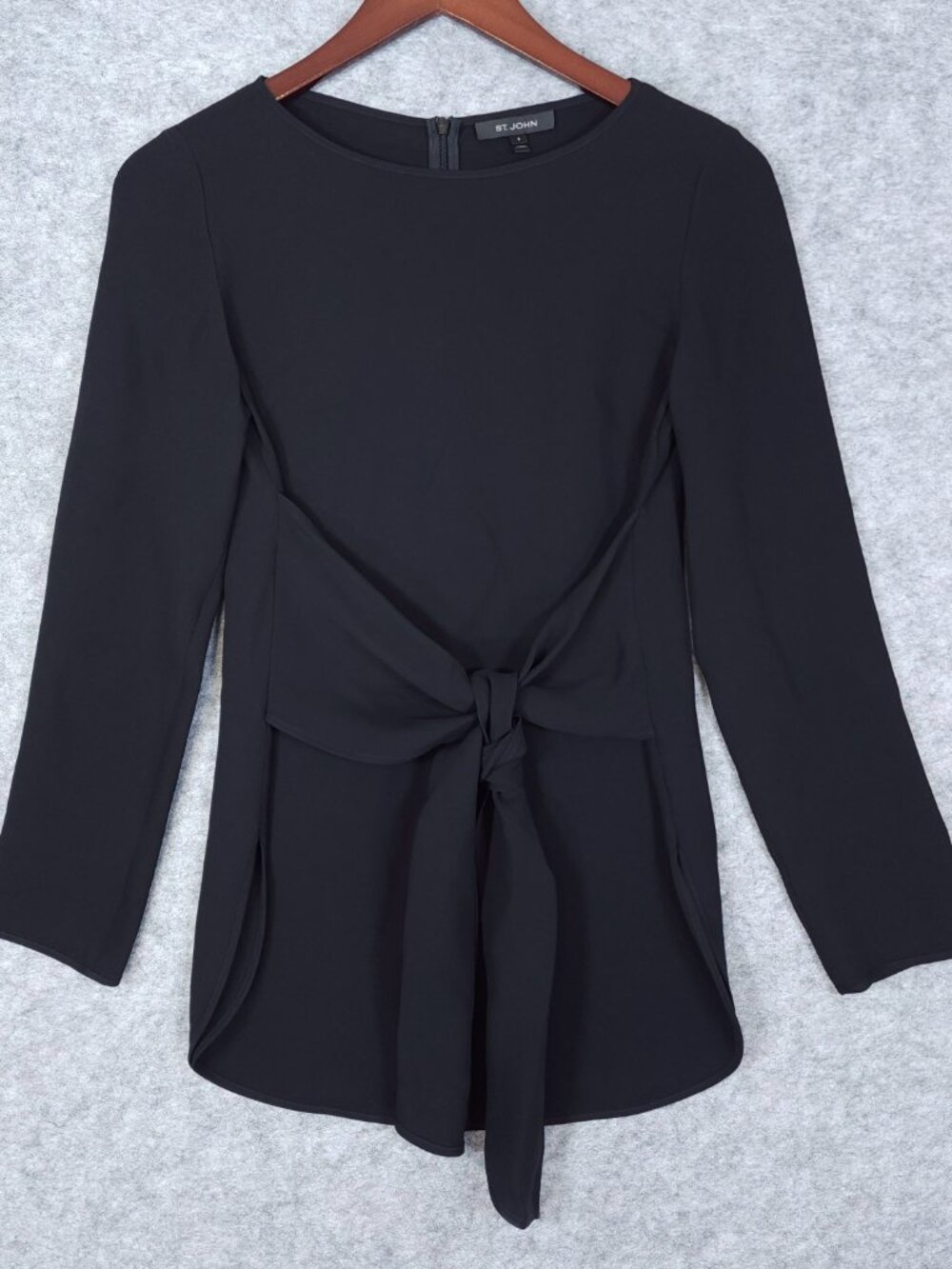St John Womens Silk Blouse Size 2 Black Tie Waist Front Long Sleeve Crepe Top